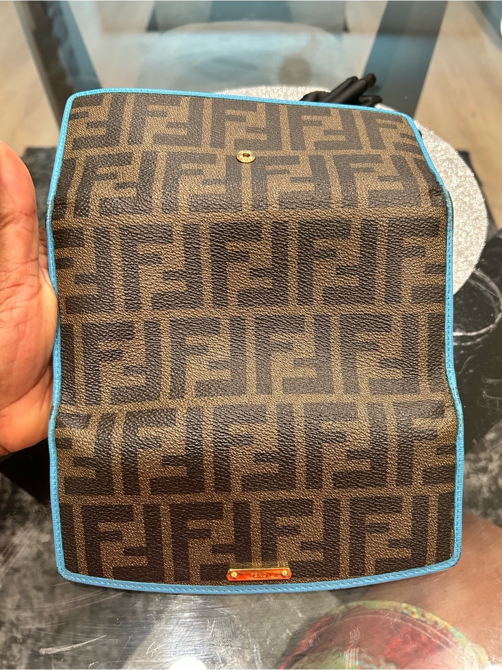 Authentic FENDI Brown Monogram Clutch with Turquoise Trim - Picture 12 of 12